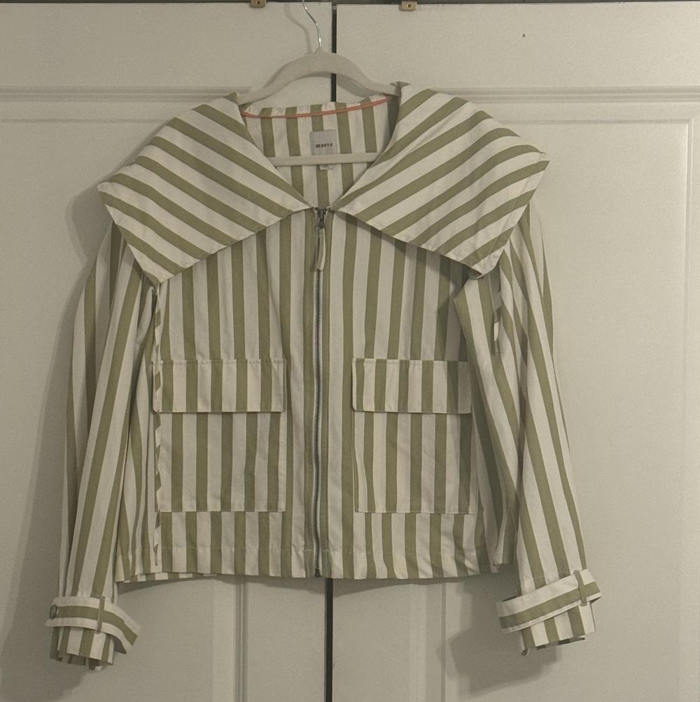 Maeve Olive Green and White Striped Utility Jacket